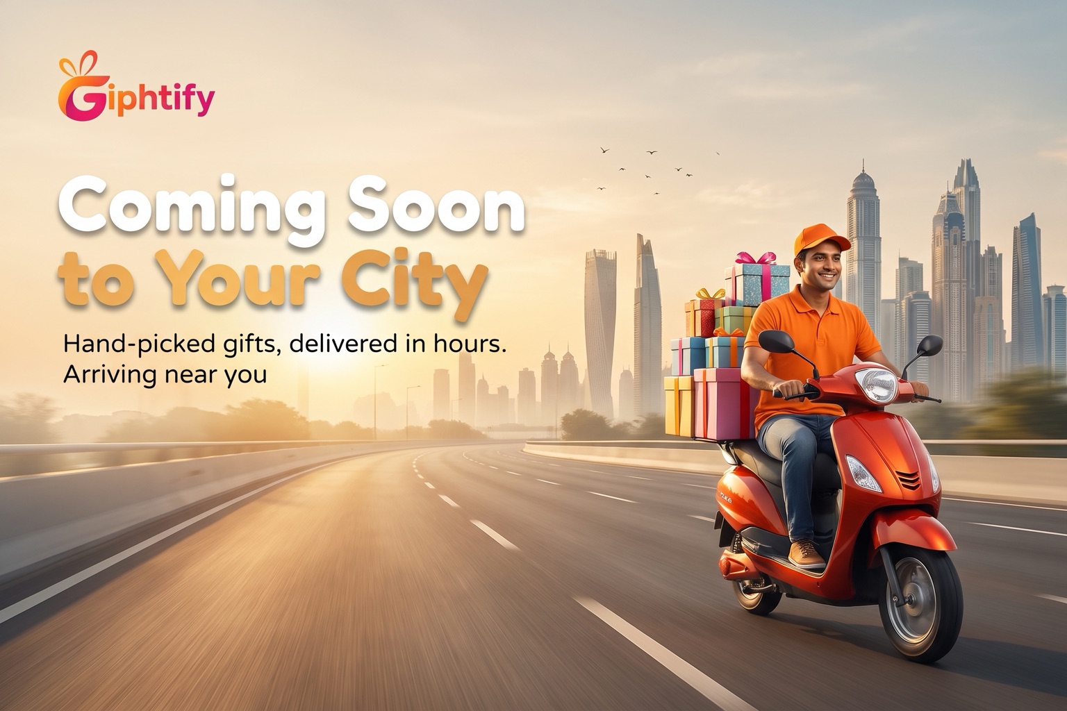 Coming soon to your city — a Giphtify rider on a scooter stacked with gifts rides toward a distant city skyline at sunrise.