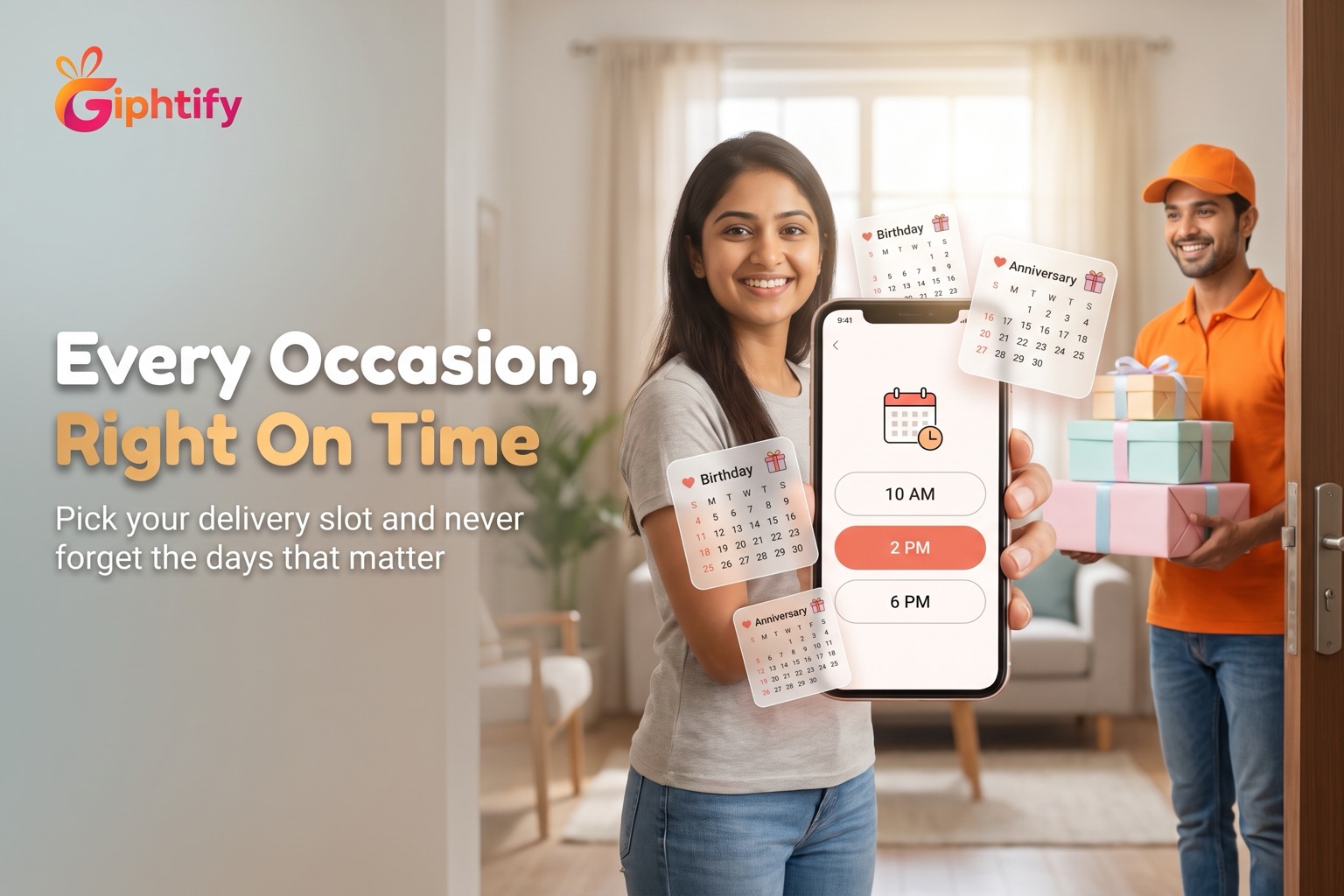 Every occasion, right on time — a customer picks a delivery slot in the Giphtify app, with birthday and anniversary reminders floating around her phone.