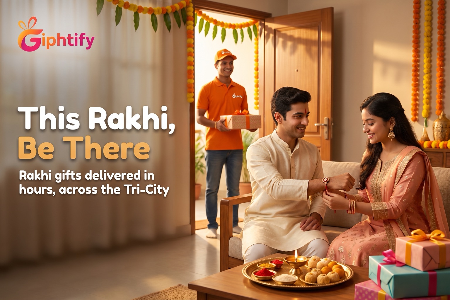 This Rakhi, be there — a sister ties a rakhi on her brother's wrist while a Giphtify rider arrives at the door with gifts. Rakhi gifts delivered in hours, across the Tri-City.