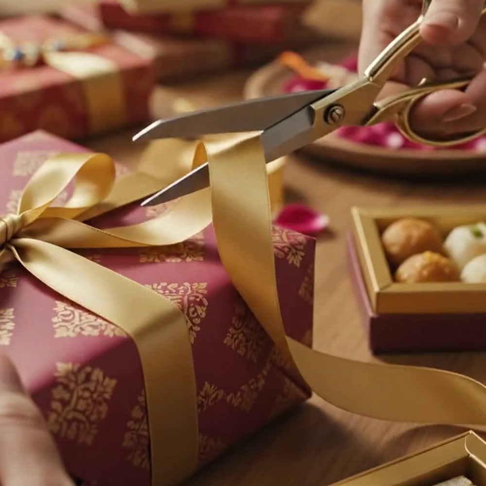 A Giphtify gift being wrapped by hand in berry paper and gold ribbon